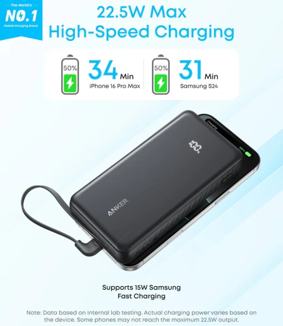 Anker Zolo Power Bank (20K, 22.5W, Built-In USB-C Cable ) A110EH21 - White