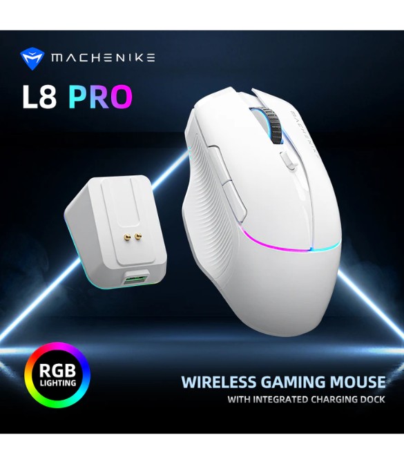 Machenike L8 Pro Gaming Mouse – White, PAW3395 Sensor, Wired 8K / Wireless 2K / Bluetooth 5.1, Ultra-Precise