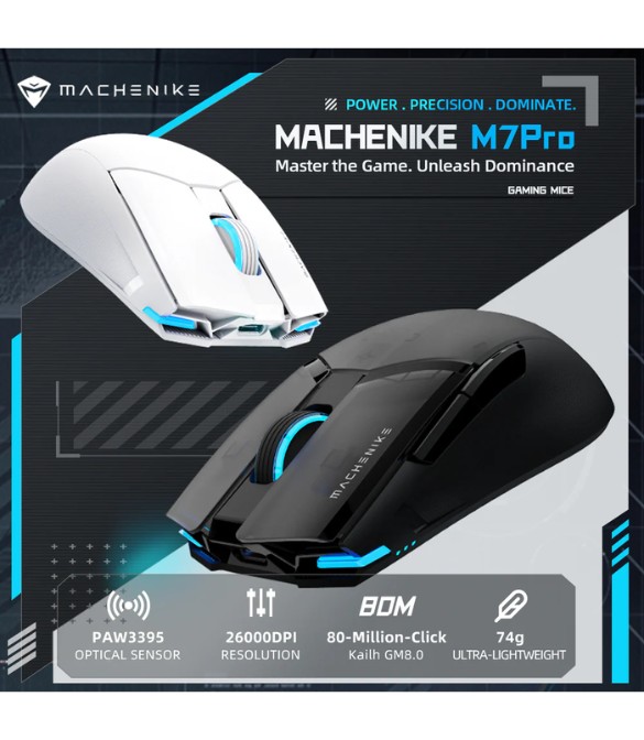 Machenike M7 Pro Wireless Gaming Mouse – White, PAW3395 Sensor, Wired/2.4GHz, Ultra-Precise, Lightweight Design