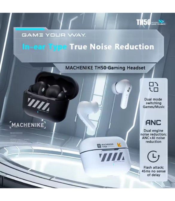 Machenike TH50 Wireless Earphones – Bluetooth 5.3, ANC AI Noise Reduction, IPX5, Low Latency, In-Ear Gaming & Sports Headset with Charging Case